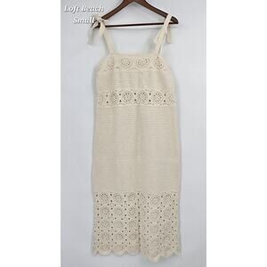 LOFT Beach Crochet Maxi Dress Women’s Small – Cream Knit Lace Maxi – Tie Straps